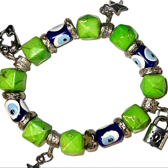 VTG Jasper, Silver Sea Glass Evil Eye Beaded Bracelet - Picture 10 of 13